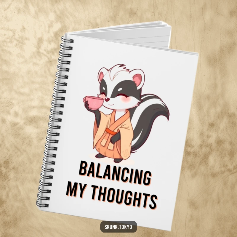 Funny notebook cover featuring a skunk in a kimono balancing a tea cup, ideal for capturing elegant thoughts.