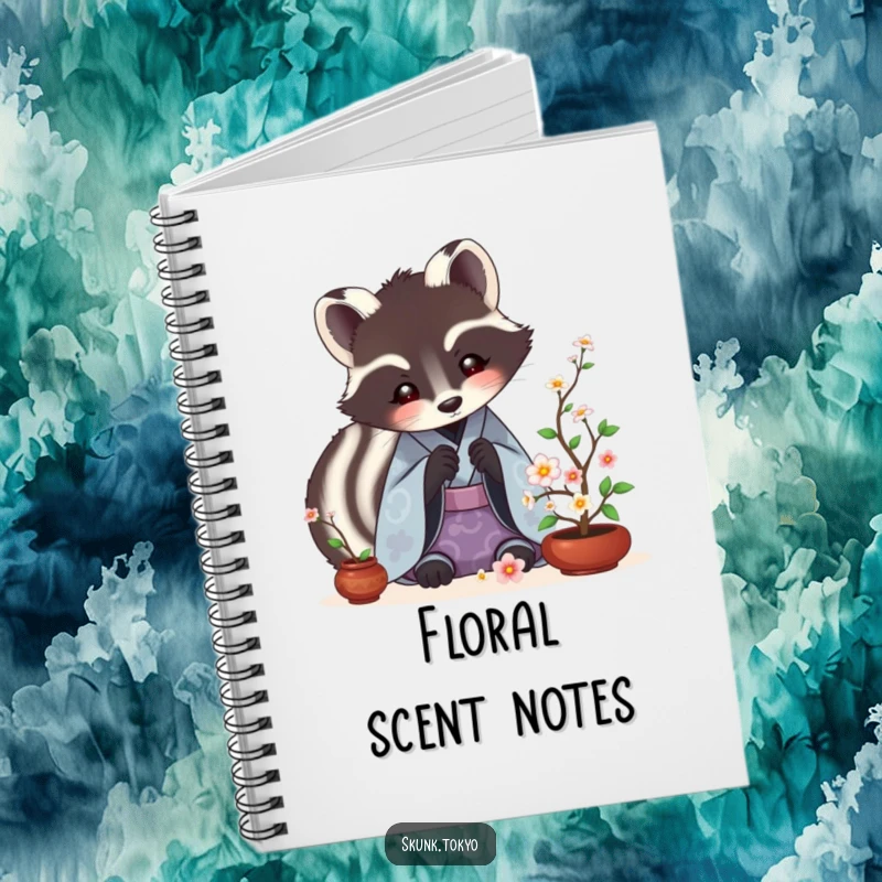 Funny Skunk Ikebana Notebook showing a skunk in a kimono meticulously arranging tiny flowers, perfect for journaling.