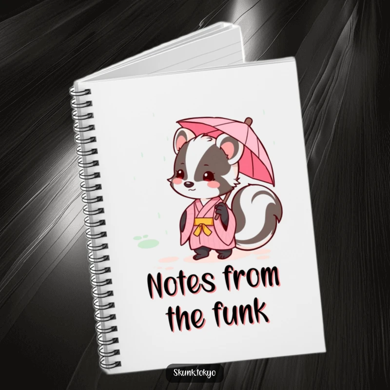 Funny kawaii skunk in a pink kimono holding a tiny umbrella, gentle rain detail, cute notebook for writing.