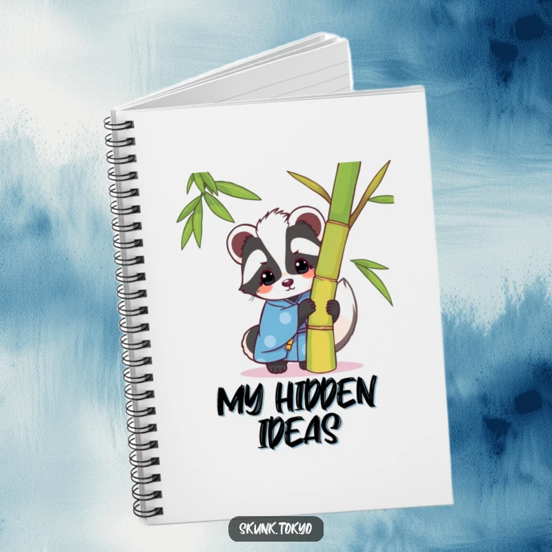 Funny kawaii skunk notebook, in a blue kimono, playfully peeking from behind bamboo, perfect for journaling and note-taking.
