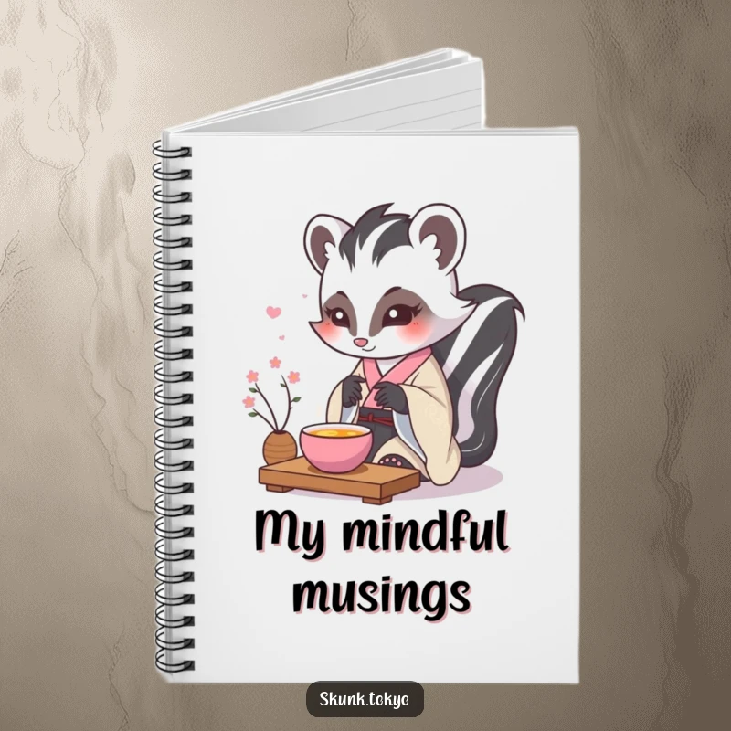 Funny kawaii skunk notebook, in a formal kimono, performing a delicate tea ceremony, perfect for journaling and reflection.