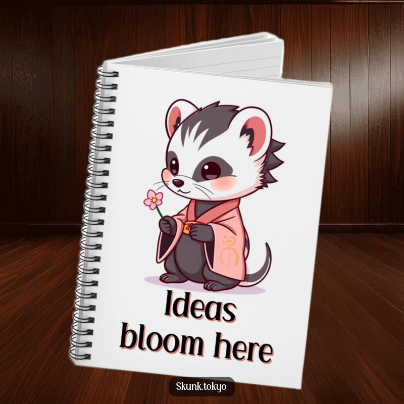 Funny skunk in a kimono offering a flower, a humorous and cute notebook cover for creative minds.