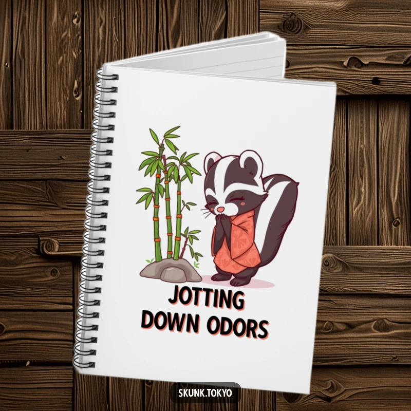 Funny Skunk Kimono Notebook featuring a polite skunk in a kimono bowing beside a miniature bamboo grove.