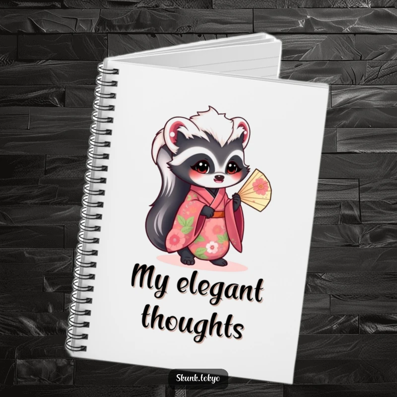 Funny kawaii skunk notebook, adorned in a vibrant floral kimono and holding a fan, perfect for journaling and creative writing.