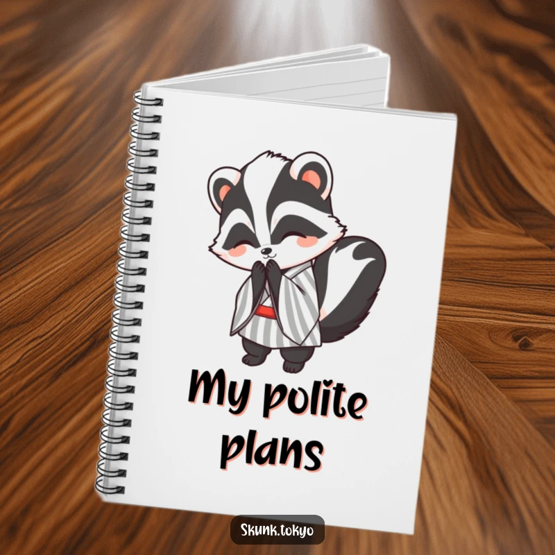 Funny kawaii skunk notebook, in a striped kimono, bowing politely with a smile, perfect for journaling and note-taking.