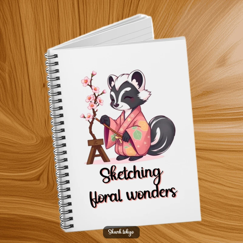 Funny notebook cover featuring a skunk in a vibrant kimono painting cherry blossoms, ideal for capturing creative ideas.
