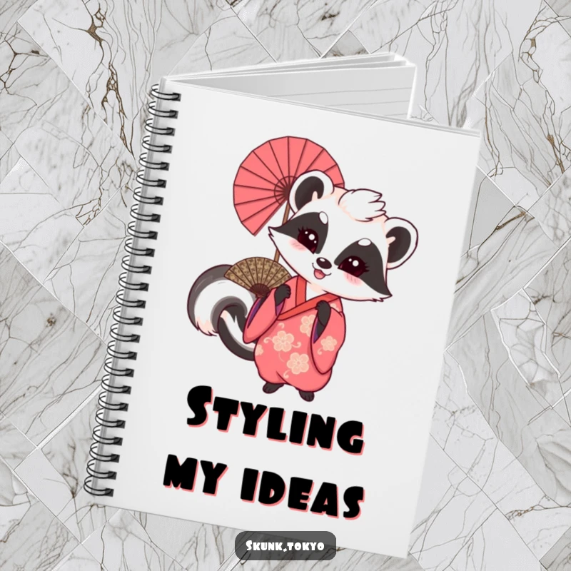 Funny notebook cover featuring a skunk in a kimono playfully waving a large fan, ideal for capturing festive ideas.