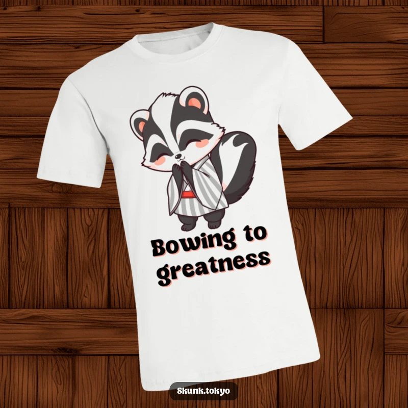 Funny kawaii skunk t-shirt, in a striped kimono, bowing politely with a smile, a friendly and humorous apparel choice.