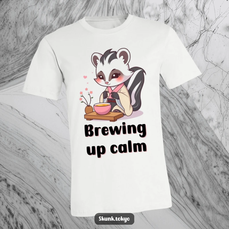 Funny kawaii skunk t-shirt, wearing a formal kimono, performing a delicate tea ceremony, a cultured and humorous apparel choice.