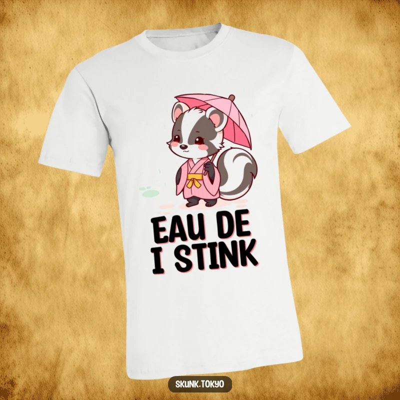 Funny kawaii skunk wearing a pink kimono, holding a tiny umbrella in the rain, cute and humorous t-shirt apparel.