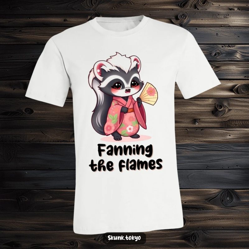 Funny kawaii skunk t-shirt, wearing a vibrant floral kimono and gracefully holding a fan, stylish and humorous apparel.