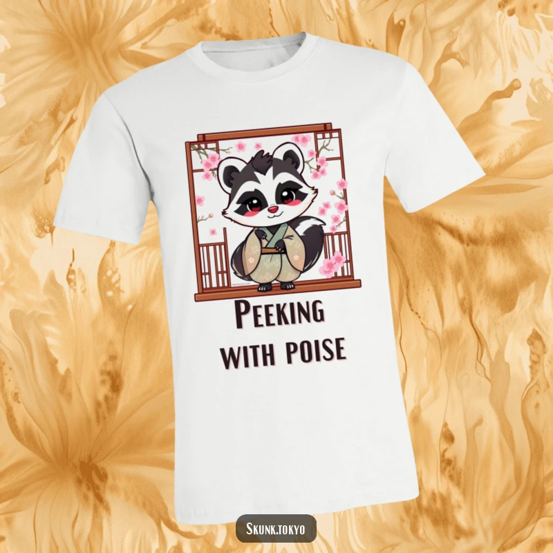 Funny Skunk T-Shirt: A skunk in a silk kimono playfully peeks out from behind a screen of cherry blossoms.