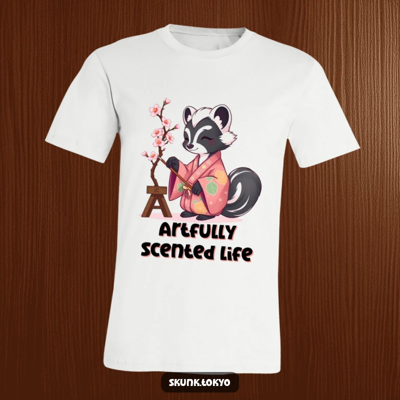 Funny graphic t-shirt of a skunk in a colorful kimono, painting delicate cherry blossoms with artistic grace.