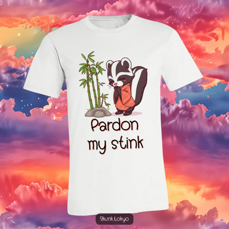 Funny Skunk Kimono T-Shirt featuring a skunk in a kimono bowing respectfully near a miniature bamboo grove.