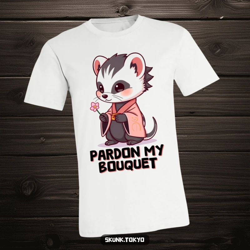 Funny skunk wearing a Japanese kimono, gracefully presenting a tiny flower, a humorous and artistic print on a t-shirt.
