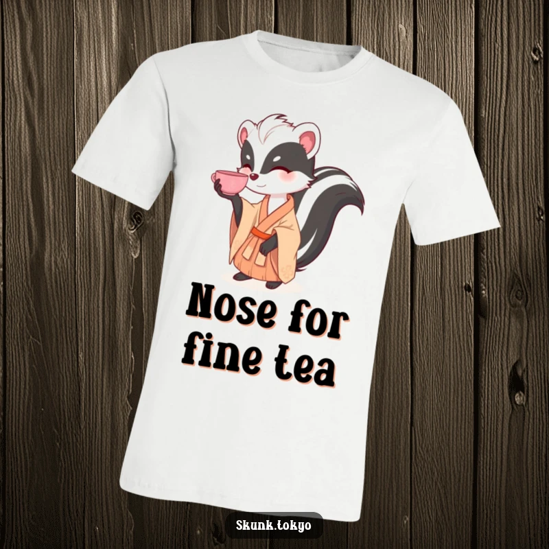 Funny graphic t-shirt of a skunk in a kimono, elegantly balancing a tea cup on its nose with poise.