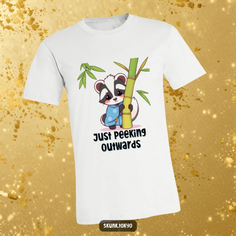 Funny kawaii skunk t-shirt, in a blue kimono, playfully peeking from behind bamboo, a whimsical and humorous apparel choice.