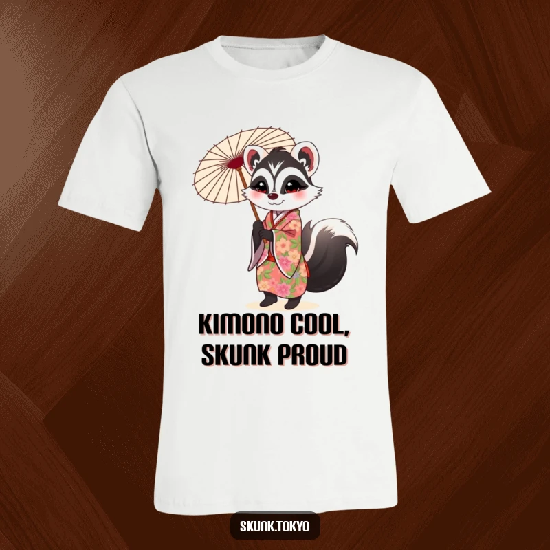 Funny Skunk T-Shirt: A stylish skunk in a floral kimono twirls a decorated parasol, radiating grace and fun.