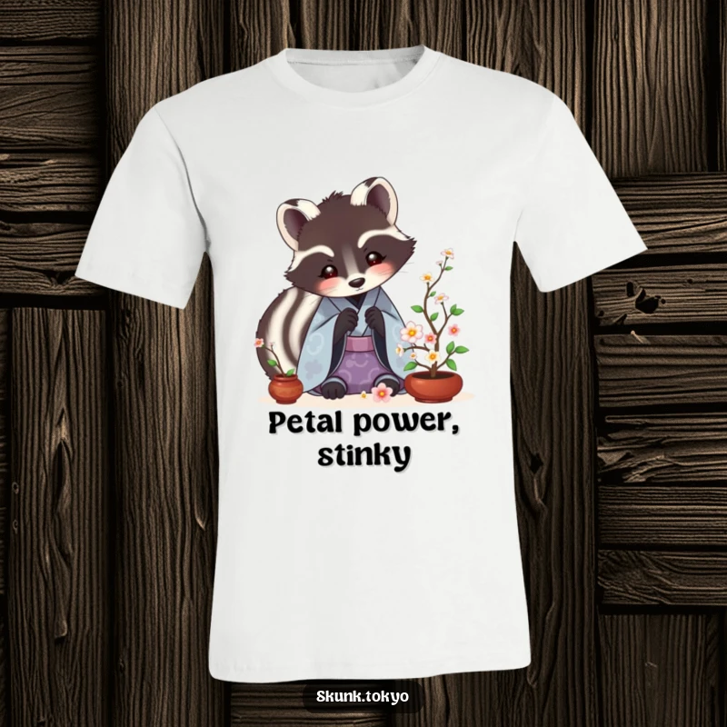 Funny Skunk Ikebana T-Shirt showing a skunk in a kimono meticulously arranging tiny flowers, a humorous art piece.
