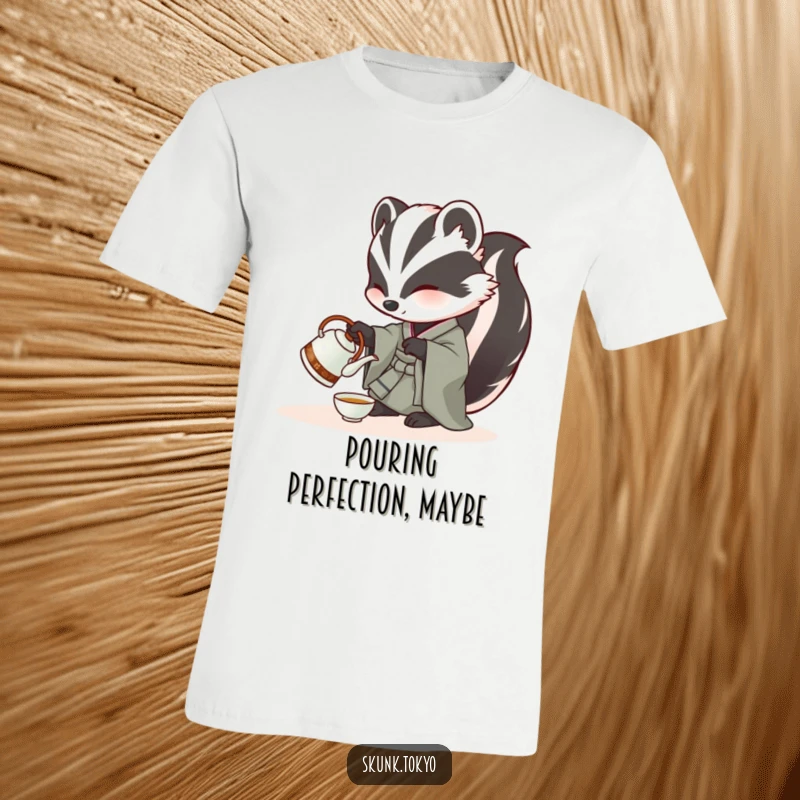 Funny Skunk T-Shirt: A skunk adorned in a kimono carefully pours tea from a miniature kettle, embodying tranquility and charm.