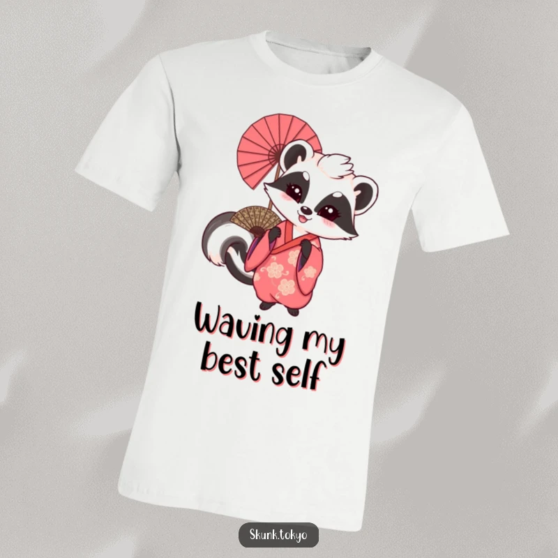 Funny graphic t-shirt of a skunk in a traditional kimono, playfully waving a large, ornate fan.