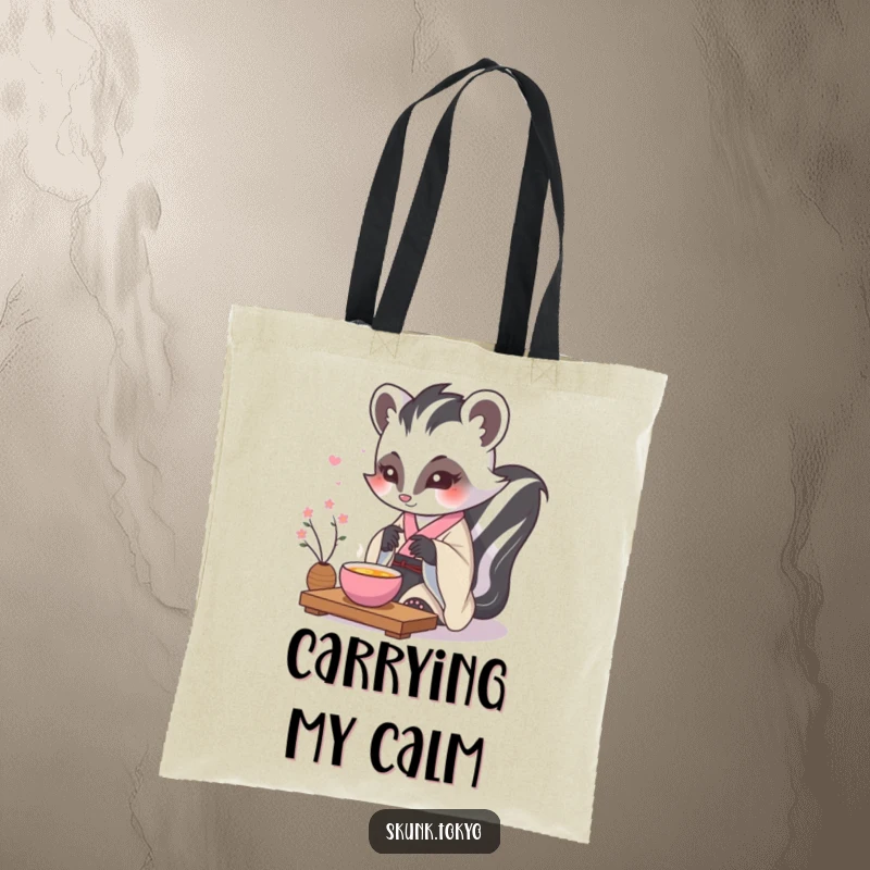 Funny kawaii skunk tote bag, in a formal kimono, performing a delicate tea ceremony, a chic and humorous accessory.