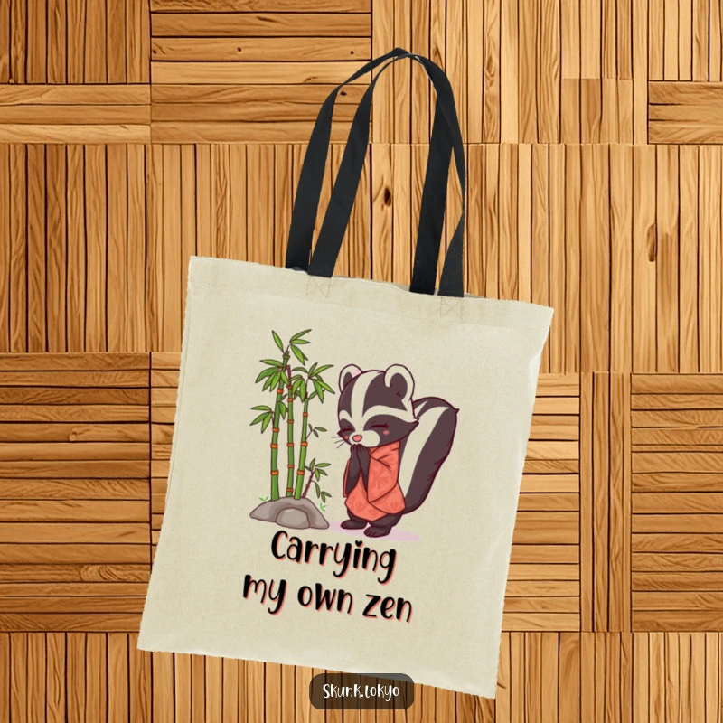 Funny Skunk Kimono Tote Bag depicting a skunk in a kimono bowing politely amidst a miniature bamboo forest.