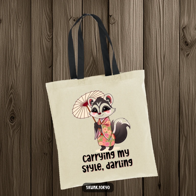 Funny Skunk Tote Bag: A skunk in a floral kimono elegantly twirls a parasol, ideal for carrying items with style.
