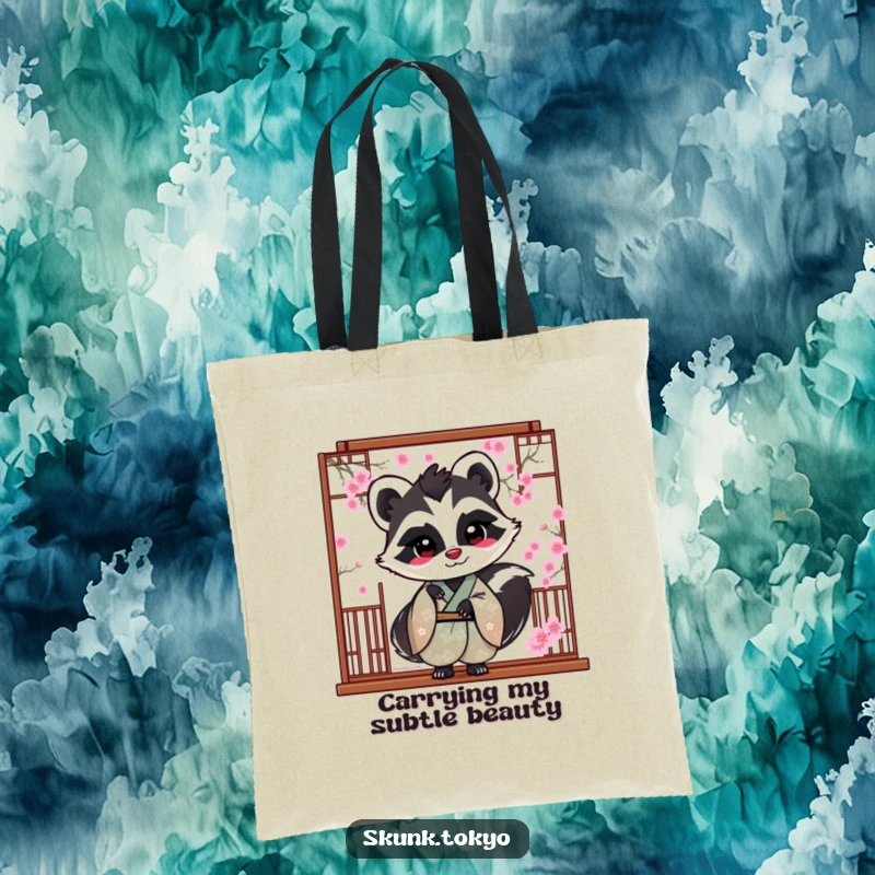 Funny Skunk Tote Bag: A skunk in a silk kimono playfully peeks from a cherry blossom screen, ideal for carrying items.