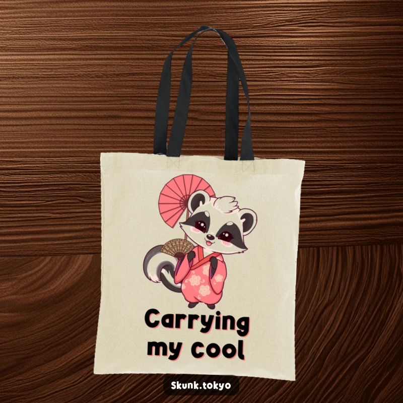 Funny tote bag with a skunk in a kimono playfully waving a large, ornate fan, ideal for carrying items with flair.