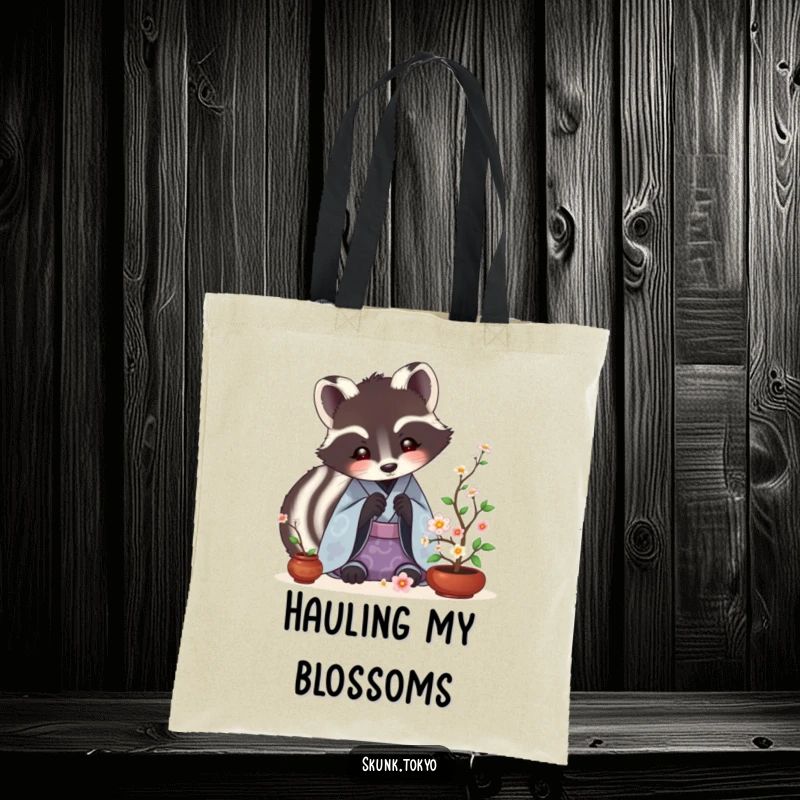 Funny Skunk Ikebana Tote Bag showing a skunk in a kimono meticulously arranging tiny flowers, a humorous art tote.