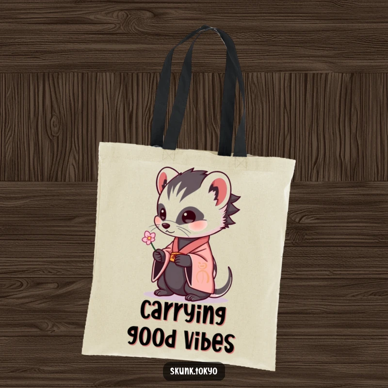 Funny skunk adorned in a kimono, delicately extending a small flower, a tote bag design perfect for humorous shoppers.