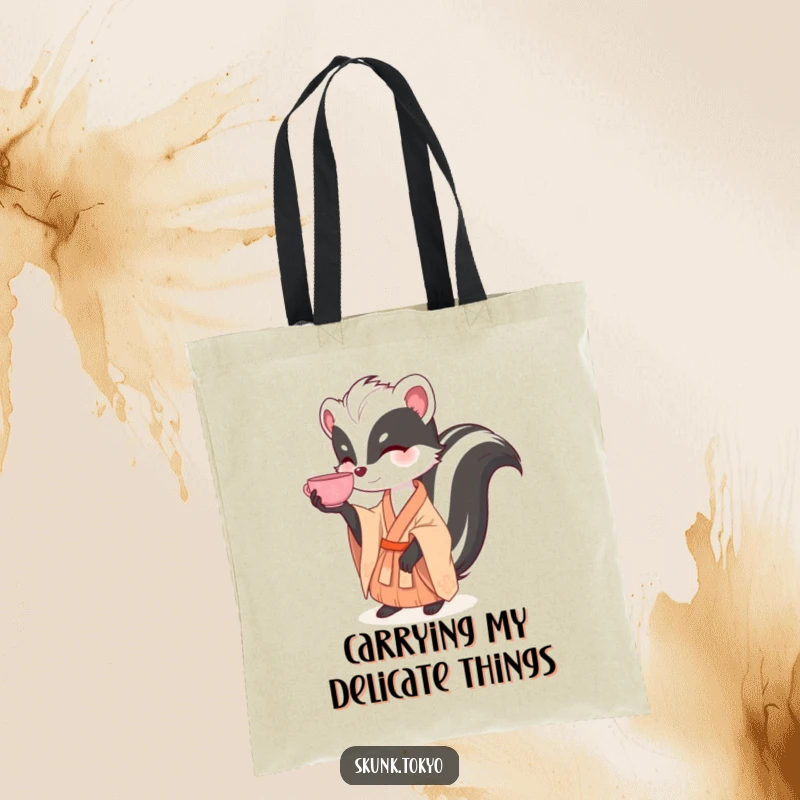 Funny tote bag with a skunk in a kimono gracefully balancing a tea cup, ideal for carrying items with elegance.